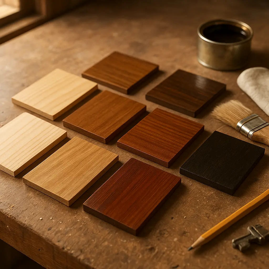 Holzproben mit unterschiedlichen Beiz- und Ölfinishs